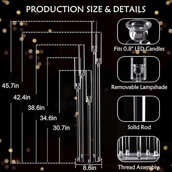 5 Arm Floor Candelabra,Acrylic Floor Candle Holder for Wedding Centerpiece Tall Clear Candle Holders for Ceremony Birthday Party Home Decoration Fit 0.8 LED Candles