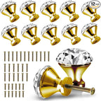 30mm Kitchen Cabinet Knobs Drawer Pull Handle Hardware, Crystal Clear Glass Round Diamond Shape Dresser Closet Bi-fold Door Bathroom Cupboard Desk Nightstand Furniture Decorative Drawer Knobs （12PCS）