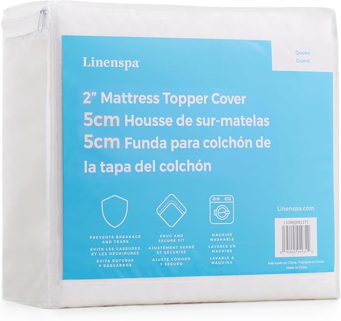 Linenspa 2 Inch Mattress Topper -Cover Full –Cover Only –Machine Washable – Breathable – Non Slip –Cover for Mattress Topper with Zipper – Topper -Cover Only White