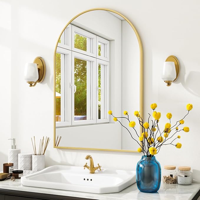 VooBang Arched Wall Mirror, 24 x 36 inch Arch Bathroom Mirror, Wall Mounted Vanity Mirror with Arch Metal Frame, Modern Bathroom Vanity Mirror for Bedroom, Living Room, Hanging or Leaning, Gold