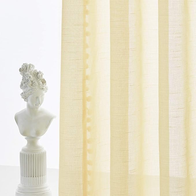 Treatmentex Sheer Curtains for Bedroom Children's Room Yellow 108 inches Long Linen Textured Window Drapes with Cute Pom Pom Tassle 2 Panels 52" w Rod Pocket Header