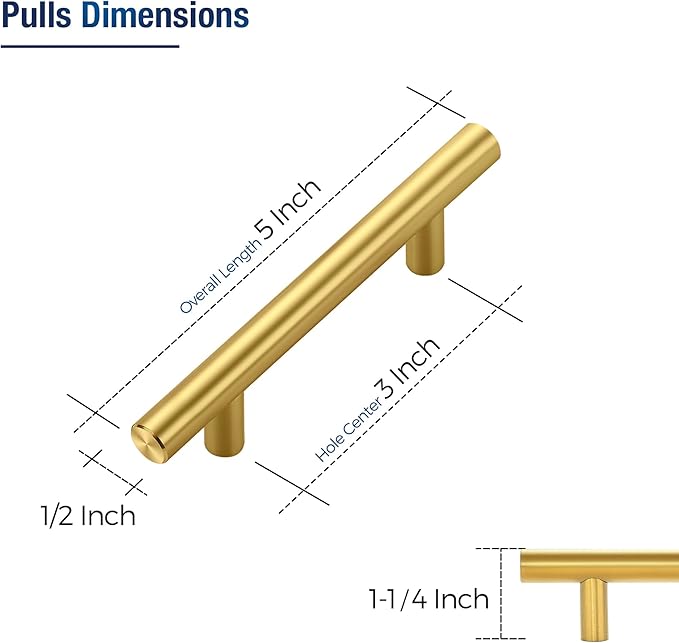 JOY DECOR 5 Pack Cabinet Handles, Gold Cabinet Pulls, 3 in Hole Center Kitchen Cabinet Handles, Stainless Steel T Bar Handles for Dresser Drawers