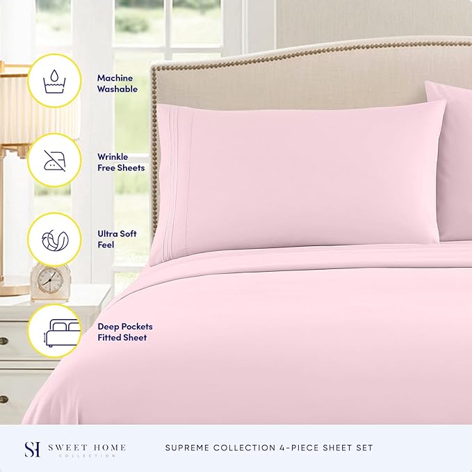 1800 Thread Count Sheet Set – Soft Egyptian Quality Brushed Microfiber Sheets – Luxury Bedding Set with Flat Sheet, Fitted Sheet, Pillow Cases, King, Pale Pink, Sheet Set