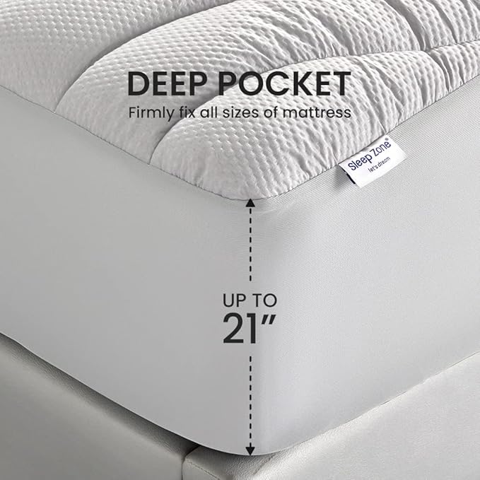 SLEEP ZONE Full Size Cooling Mattress Pad for Double Bed, Premium Zoned Quilted Mattress Topper, Wrap Around Mattress Protector Cover, Machine Wash Durable, Deep Pocket 8-21 inch, Silver Grey, Full