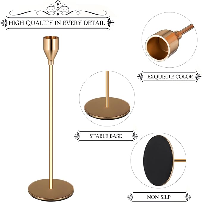 Denique Metal Gold Taper Candle Holder Set of 6 PCS for Table Centerpiece, Gold Candlestick Holders for Home Decor, Wedding, Dining, Party, Fits 3/4 inch Thick Candle&Led Candles
