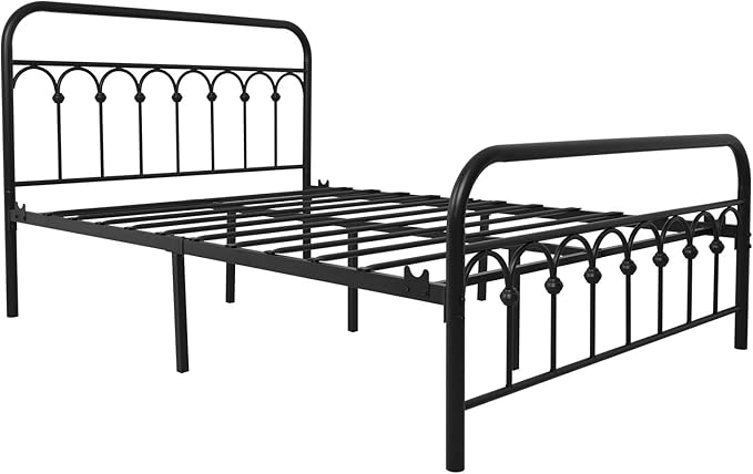 YALAXON Vintage Sturdy Full Size Metal Bed Frame Basic with Headboard and Footboard,No Box Spring Needed,Under Bed Storage (Full,Black)