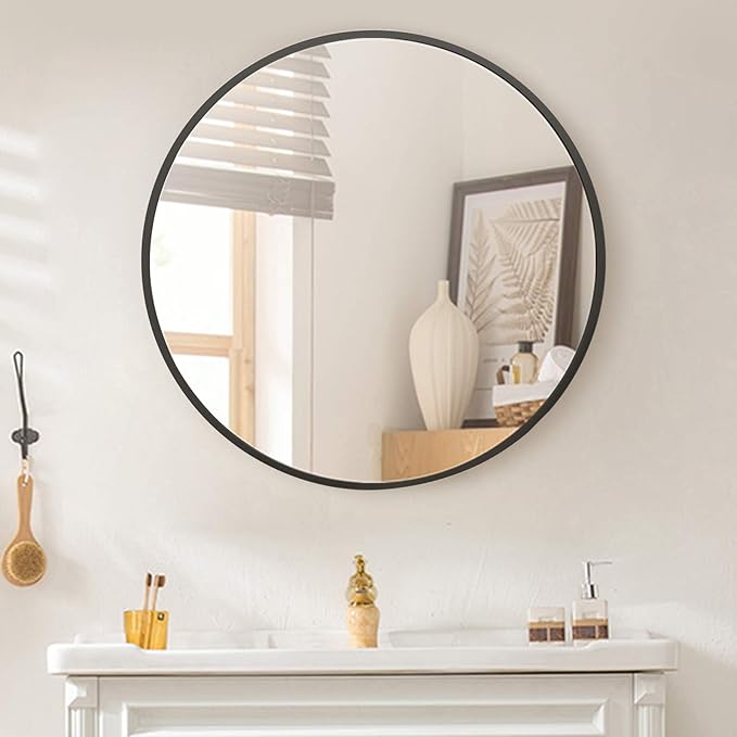 BEAUTYPEAK Circle Mirror Black 36 Inch Wall Mounted Round Mirror with Brushed Metal Frame for Bathroom, Vanity, Living Room, Bedroom, Entryway Wall Decor (Black, 36 Inches)