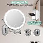 FUNTOUCH 2500mAh Rechargeable Wall Mounted Lighted Makeup Vanity Mirror 8 Inch Double Sided 1X 20X Magnifying Bathroom Mirror, 3 Color Lighting, Touch Dimming, Extended Arm 360° Light up Mirror