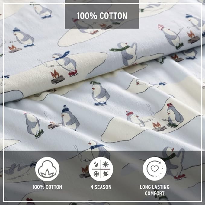 Eddie Bauer - Full Sheets, Cotton Flannel Bedding Set, Brushed for Extra Softness, Cozy Home Decor (Skating Penguin, 4 pcs, Full)