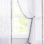 Treatmentex Black and White Sheer Curtains for Living Room 95" Long Linen Curtain Draperies for Nursery Room Decorative Pompom Voiles 2 Panels