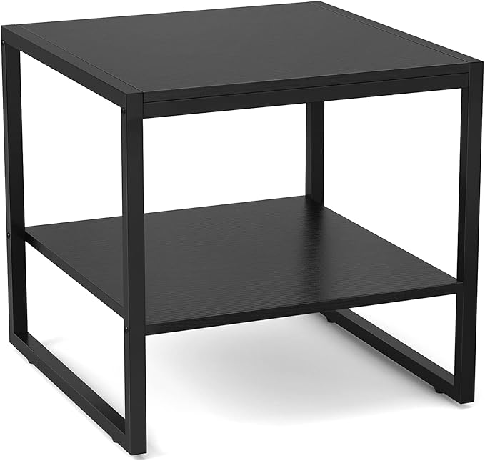 Homieasy End Table, 20 Inch Square End Table, Mini Fridge Stand with 2-Tier Storage Shelves, Industrial Wood Side Tables for Living Room, Black