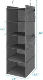 MAX Houser 5 Shelf Hanging Closet Organizer, Space Saver, Cloth Hanging Shelves with 4 Side Pockets, Foldable, Grey