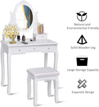 Giantex Vanity Set with Oval Mirror & Cushioned Stool, Makeup Dressing Table Large Storage with 5 Drawers, Mirrored Bedroom Vanities Makeup Table for Kids Girls Women, Easy Assembly (White)
