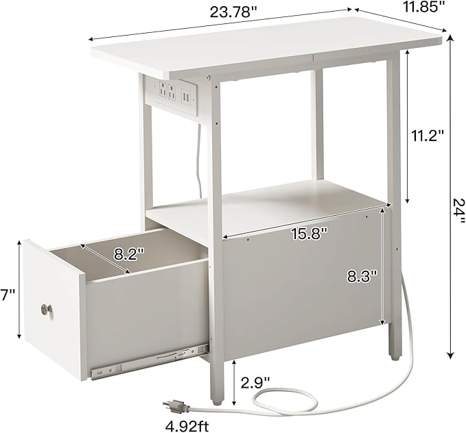LIDYUK End Table with Charging Station, Narrow Side Table with Drawer and USB Ports & Power Outlets, Nightstand Bedside Tables for Small Spaces, Bedroom, Living Room, White, Set of 2