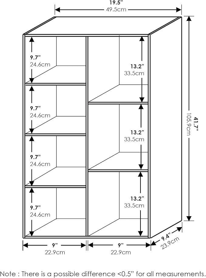 Furinno LUDER Book Shelf, 7-Cube Bookshelf, Bookcase, 9.4" x 19.5" x 41.7", for Living Room, Bedroom, Home Office, Blackwood