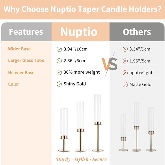 Nuptio Glass Hurricane Candle Holder: Set of 6 Gold Candlestick Holders - Long Stem Taper Candleholders for Christmas Tabletop Centerpiece Fireplace Decor Cylinder Candle Stand Windproof 14" 16" 18"