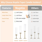NUPTIO Gold Taper Candle Holders: Set of 3 Tall Hurricane Candlestick Holder with Open Ended Clear Glass Covers Long Stem Metal Candle Stick Stand for Fall Thanksgiving Christmas Table Decor