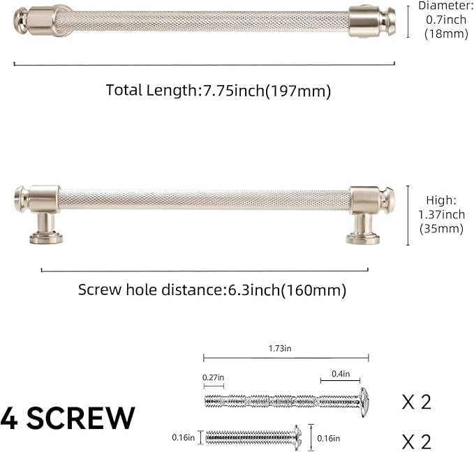 10 Pack 6-1/4" Hole Center(160mm) Brushed Satin Nickel Kitchen Cabinet Handles Knurled Cabinet Pulls Silver Drawer Pulls Kitchen Cabinet Hardware