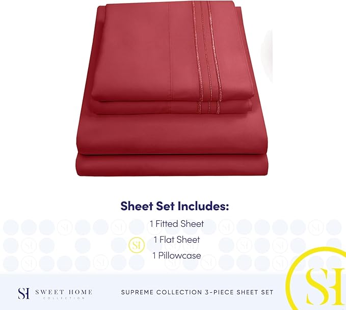 Twin XL Sheets - Breathable Luxury Sheets with Full Elastic & Secure Corner Straps Built In - 1800 Supreme Collection Extra Soft Deep Pocket Bedding Set, Sheet Set, Twin XL, Burgundy