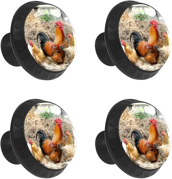 4 Pack Cabinet Knobs Farm Rooster Chicken Drawer Pulls Crystal Glass Round Knobs Handles for Dressers Drawer Bathroom Kitchen Cupboards Wardrobes Hardware Furniture Knobs