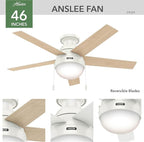 Hunter 46 inch Indoor Ceiling Fan with LED Light - White Ceiling Fan with Pull Chain, For Bedroom, Living Room, or Kitchen, Low Profile Mount, No Remote, 5 Blades - Anslee 59269, Fresh White