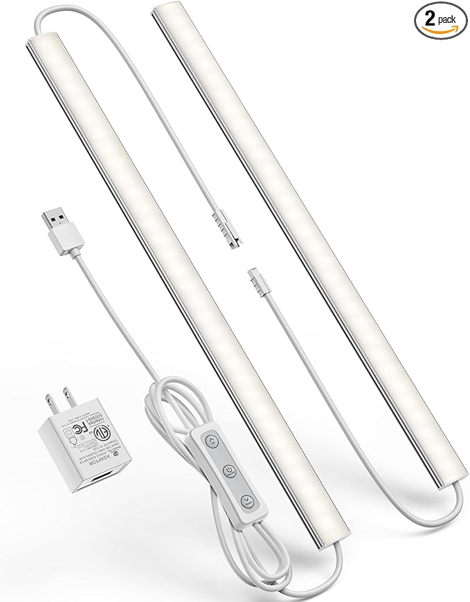 Plug-in Under Cabinet Lighting, Dimmable Under Counter Lights for Kitchen, 2pcs 12 Inch, Natural White 4500K Linkable Wired Closet Light, Indoor USB Led Lights Bar for Desk,Sink,Workbench