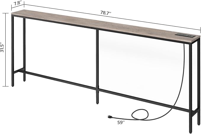 78.7" Console Table with Power Outlet, Narrow Sofa Table, Industrial Entryway Table with USB Ports, Behind Couch for Entryway, Hallway, Foyer, Living Room, Greige CTHG20E01