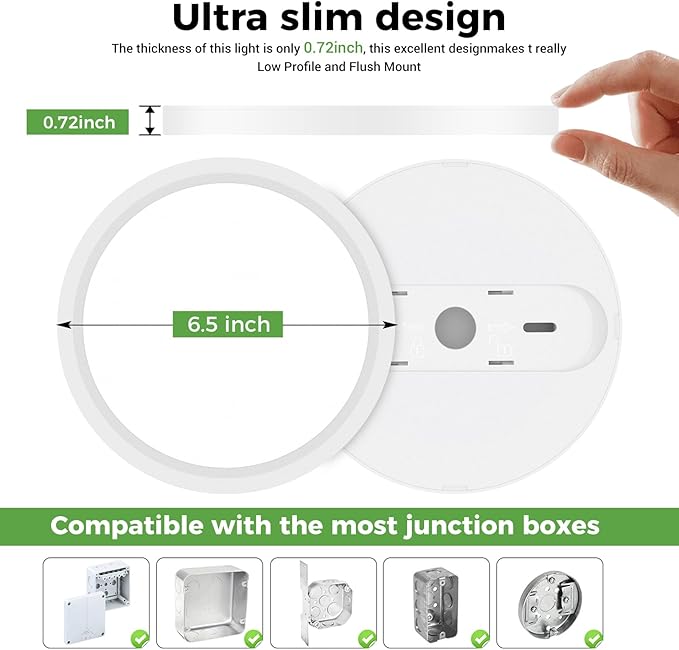 zemty LED Ceiling Light Fixture 6.5 Inch, 12W 1200lm Light Fixtures, Adjustable 3000K 4000K 6500K, Round Flat Ceiling Lamp for Bathroom Closet Hallway Laundry