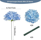 20 Pcs Blue Hydrangea Artificial Flowers Bulk, Faux Hydrangea Flowers Heads, Artificial Fake Silk Hydrangea Flowers with Stems, Blue Flowers Artificial for Decoration Wedding Décor