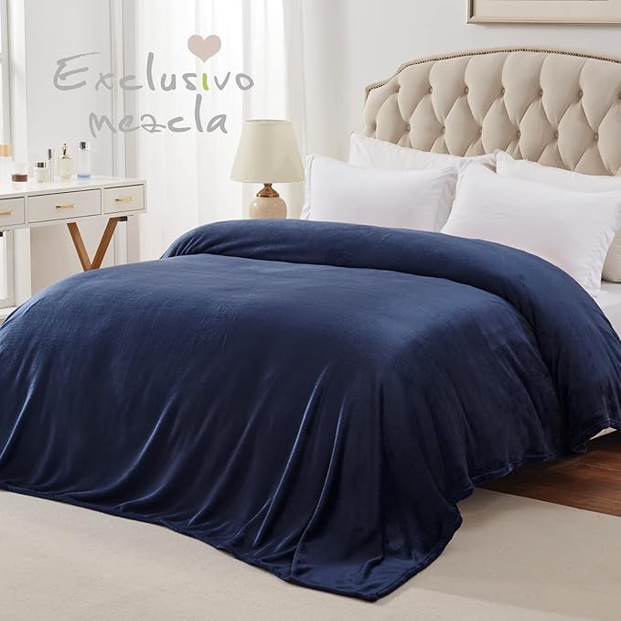 Exclusivo Mezcla Fleece Blanket Queen Size for Bed, Super Soft and Warm, All Season Use, Cozy, Plush, Lightweight, 90x90 Inches, Navy Blue