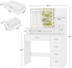 Quimoo Makeup Vanity Desk with LIighted Mirror, Vanity Desk with 5 Drawers & Storage Shelves, Vanity Table, 3 Color Modes & Adjustable Brightness Dressing Table, Bedroom