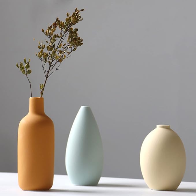 Abbittar Ceramic Vase Set of 3, Minimalist Flower Vase for Rustic, Modern Farmhouse, Living Room, Shelf, Table, Bookshelf, Mantel and Entryway Decor - Multicolor