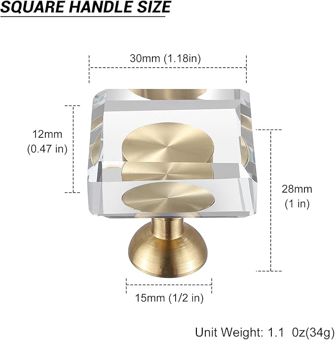 12-Pack 1-1/4-Inch White Cabinet Glass Crystal knobs Brass Drawer Round Knobs Dresser Pulls, Gold Hardware Kitchen Closet knobs for Bifold Doors (Square-1.2inch, 12-Pack)