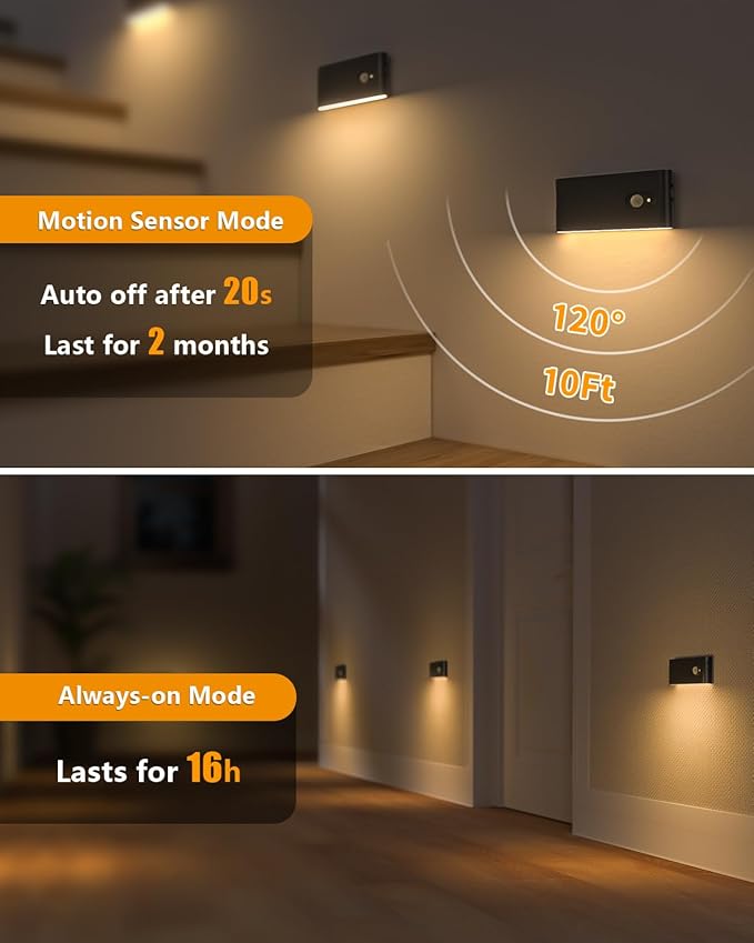 WILLED Rechargeable Night Light, Wireless Stair Lights Indoor, Warm White Motion Sensor Light Indoor, Stick-Anywhere, Battery Powered Night Light for Hallway, Stairway, Bathroom, Bedroom, 3 Pack