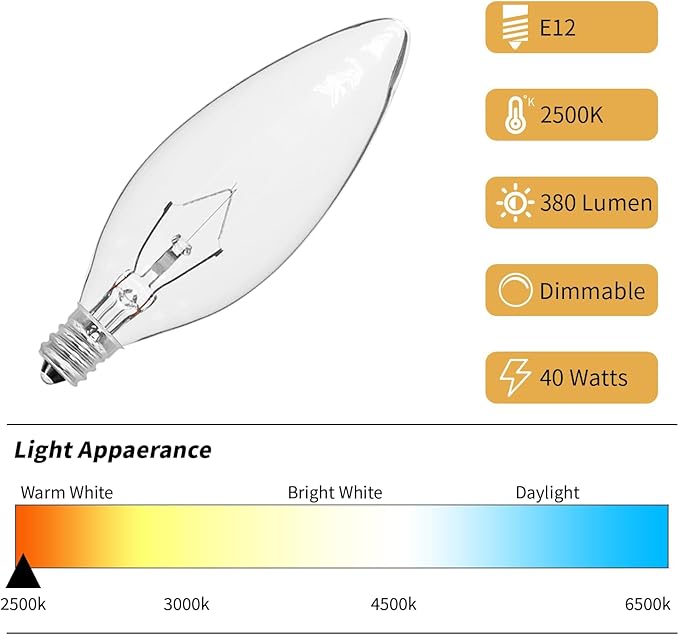 12-Pack E12 Candelabra Light Bulbs 40W Warm White 2500K, 380 Lumen Chandelier Light Bulb for Ceiling Fan, Indoor or Outdoor, B10 Clear Incandescent Candle Bulbs, Dimmable