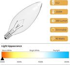 12-Pack E12 Candelabra Light Bulbs 40W Warm White 2500K, 380 Lumen Chandelier Light Bulb for Ceiling Fan, Indoor or Outdoor, B10 Clear Incandescent Candle Bulbs, Dimmable