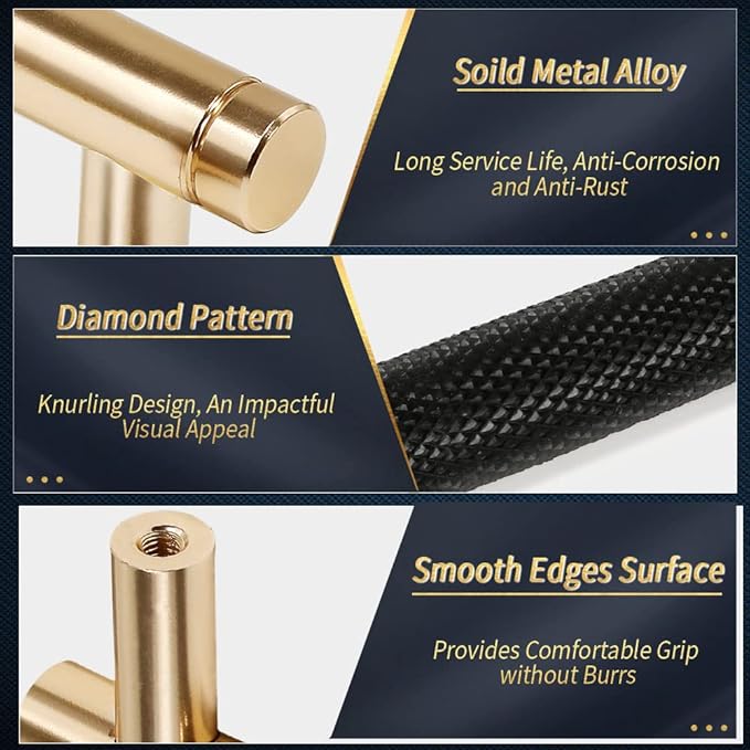 Knurled Cabinet Pulls 2 Pack, 6 Inch Long Cabinet Handles Metal Door Pulls, Kitchen Drawer Pull Knurled Dresser Handles - 5" Hole to Hole, Black & Gold