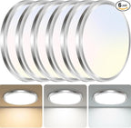 zemty 6Pack LED Ceiling Light Fixture, 6.5-Inch 12W 1200lm Small Flush Mount Light, Adjustable 3000K 4000K 6500K Color Temperatures, Round Flat Recessed Lamp for Kitchen Closet Hallway Laundry, Nickel