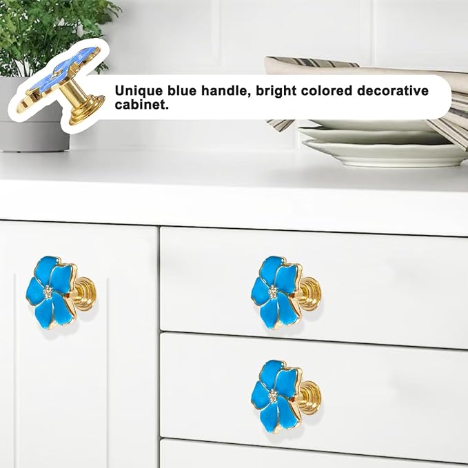 4 pcs Petal Knob Handle Unique Zinc Alloy Flower Shape Single Hole Knob Handle for Cabinets,Drawers, Wardrobes Furniture Decoration(Blue)