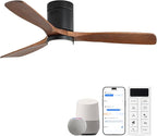 Sofucor 52 Inch Smart Ceiling Fans with Lights-Flush Mount Low Profile Modern Outdoor Solid Wood Ceiling Fans with Alexa/Google Assistant/APP/Remote Control for Bedroom/Farmhouse/Patio, Brown Black