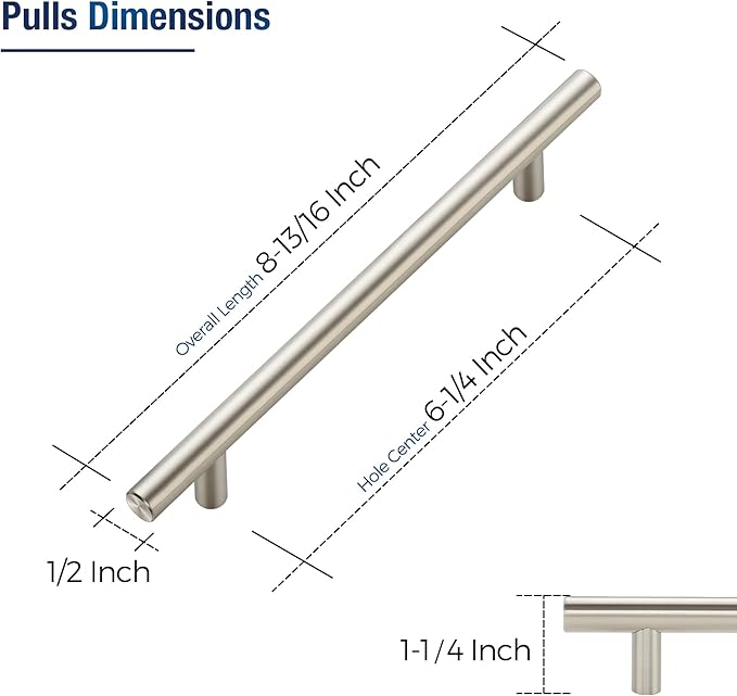 JOY DECOR 15 Pack Cabinet Handles, Brushed Nickel Cabinet Pulls, 6-1/4 in Hole Center Kitchen Cabinet Handles, Stainless Steel T Bar Handles for Dresser Drawers