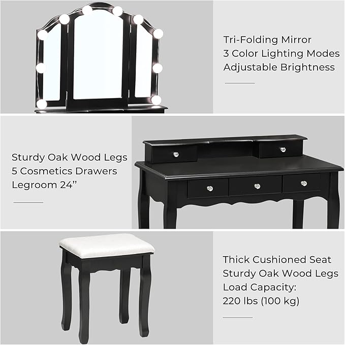 Tiptiper Makeup Vanity with Lights, Vanity Desk with 10 Light Bulbs & 3 Color Lighting Modes, Vanity Table with 5 Drawers and Cushioned Stool, Makeup Table with Tri-Fold Mirror for Women Girls, Black