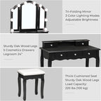Tiptiper Makeup Vanity with Lights, Vanity Desk with 10 Light Bulbs & 3 Color Lighting Modes, Vanity Table with 5 Drawers and Cushioned Stool, Makeup Table with Tri-Fold Mirror for Women Girls, Black
