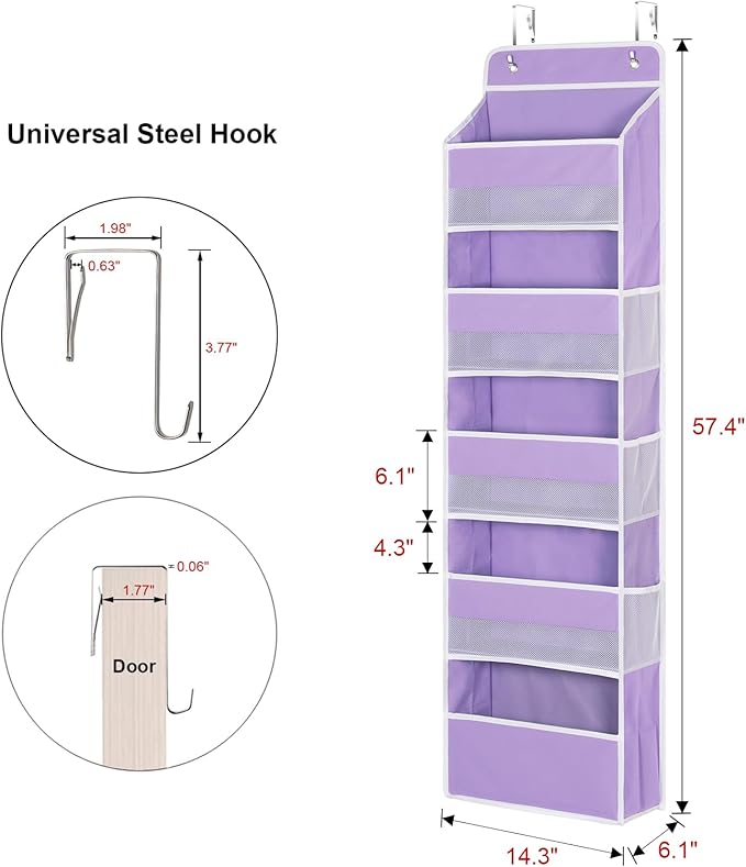 Univivi 5-Shelf Over The Door Hanging Organizer, Back of Door Organizer with 5 Compartments 6 Side Pockets for Baby Bedroom and Bathroom Storage (Purple)