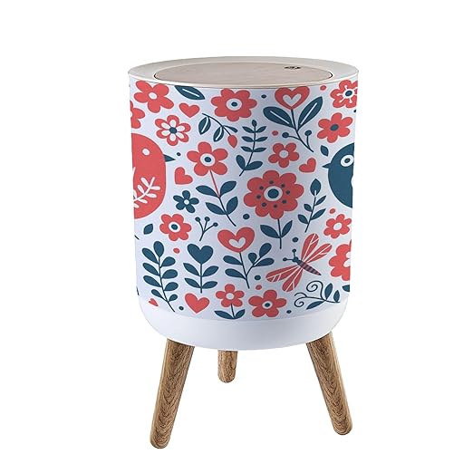 Small Trash Can with Lid Scandinavian Folk Art Seamless Birds Flowers spirng Happy Garbage Bin Pet Proof Waste Basket for Kitchen Bathroom Office Bedroom Decorative 1.8 Gallon