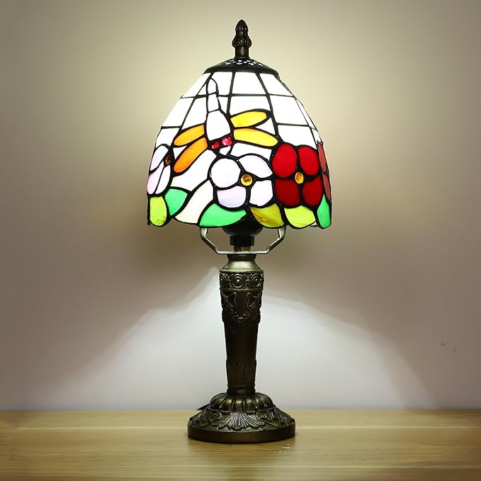 Tiffany Small Lamp Baroque Stained Glass Table Lamp 3 Way Color-Temparetures Bedside Nightstand Table Lamps for Bedroom Living Room Home Office Desk Light W/LED Bulb 6X6X12.5Inch