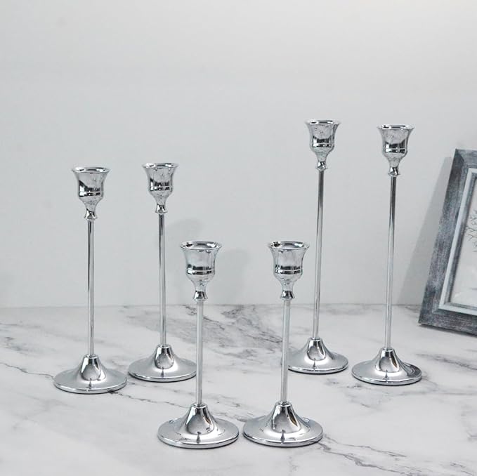 Candlestick Holder for Taper Candles Hi-Q Candle Holders (6PCS, Silver)