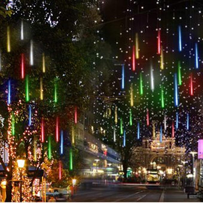 Aukora Christmas Lights Outdoor, UL Plug Halloween Lights Outside, LED Meteor Shower Light, 11.8in 8 Tubes 192 LEDs for Xmas, Wedding, Party, Holiday, Garden, Tree Decoration（Blue、Red、Green