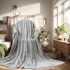 Queen Size Cuddly Fluffy Fleece Blanket, Warm and Soft with Striped Pattern, 90x90 Inches, Ash Grey