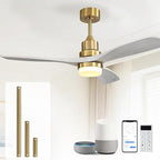 Sofucor 52 Inch Smart Ceiling Fans with Lights and Alexa/Google Assistant/APP/Remote Control-Modern Solid Wood Outdoor 3 Blades Ceiling Fan for Bedroom Living Room Indoor Farmhouse Patio, Grey Gold